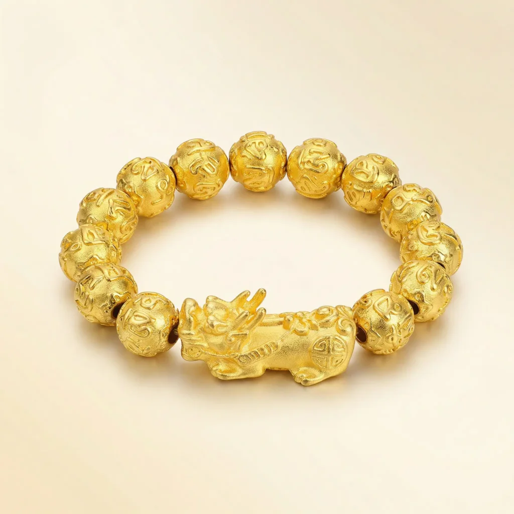 zlatý-pixiu-feng-šuej-náramek-12mm-mantra-korálky Zlatý náramek Pixiu feng shui s rytými korálky Om Mani Padme Hum 12 mm na jemně krémovém pozadí, unisex tibetský šperk bohatství