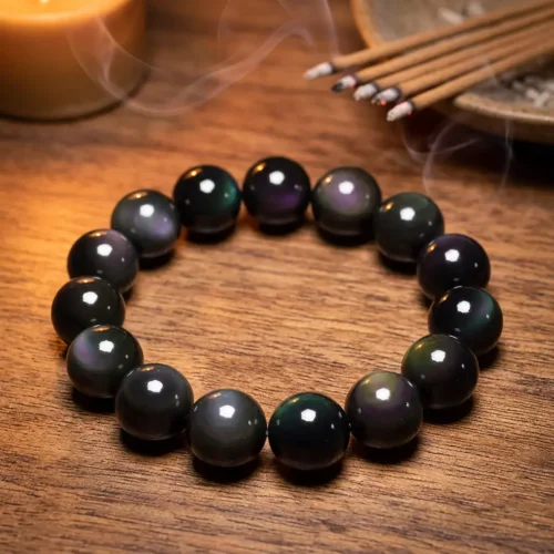 Natural green eye obsidian healing bracelet with rainbow iridescent sheen, displayed on wooden surface alongside burning Tibetan incense sticks, showing purple and green light refraction in each 8mm bead