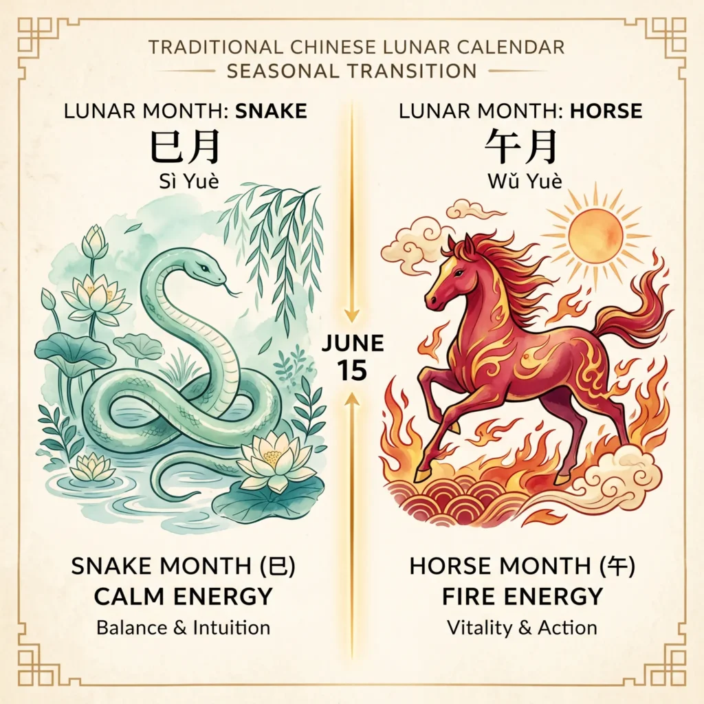Infographic showing Gregorian June 2026 split into two Chinese lunar months: Lunar Month 4 (May 17–June 14, Snake Month) and Lunar Month 5 (June 15–July 13, Horse Month), with a highlighted pivot point on June 15 marking the start of the double-Horse Fire-on-Fire window