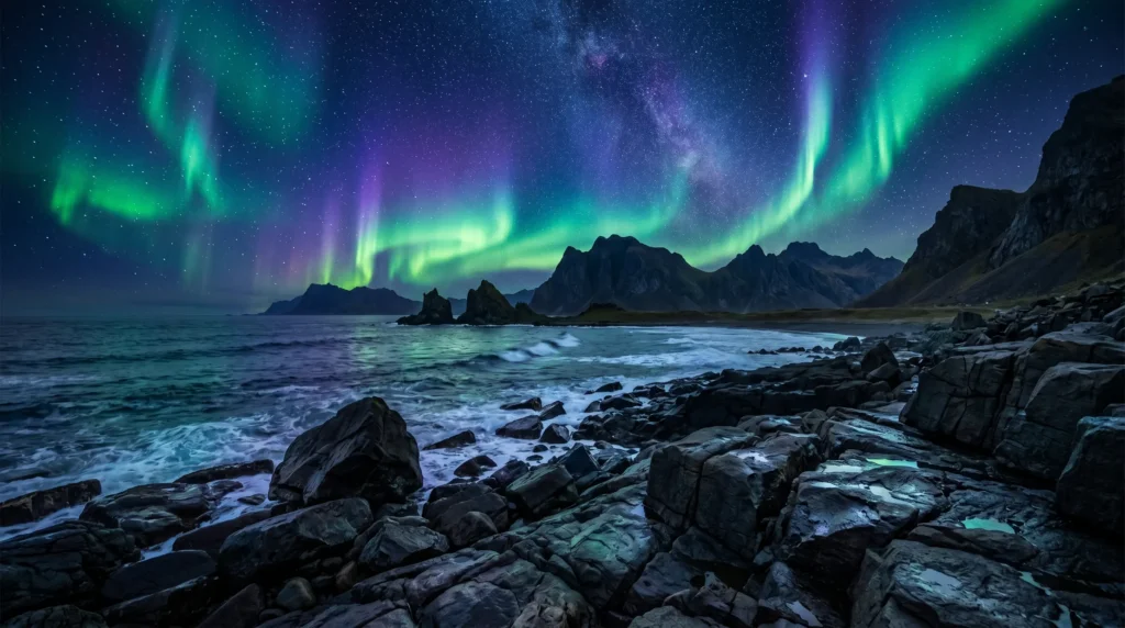 Dramatic Northern Lights aurora borealis over a rocky coastal landscape at night, symbolizing the Inuit legend of labradorite as frozen auroras