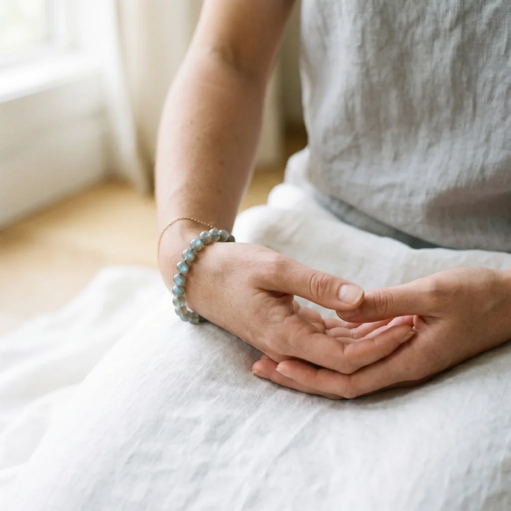 A woman's wrist wearing a labradorite bead bracelet during seated meditation, the stone's blue iridescent flash visible in soft natural light