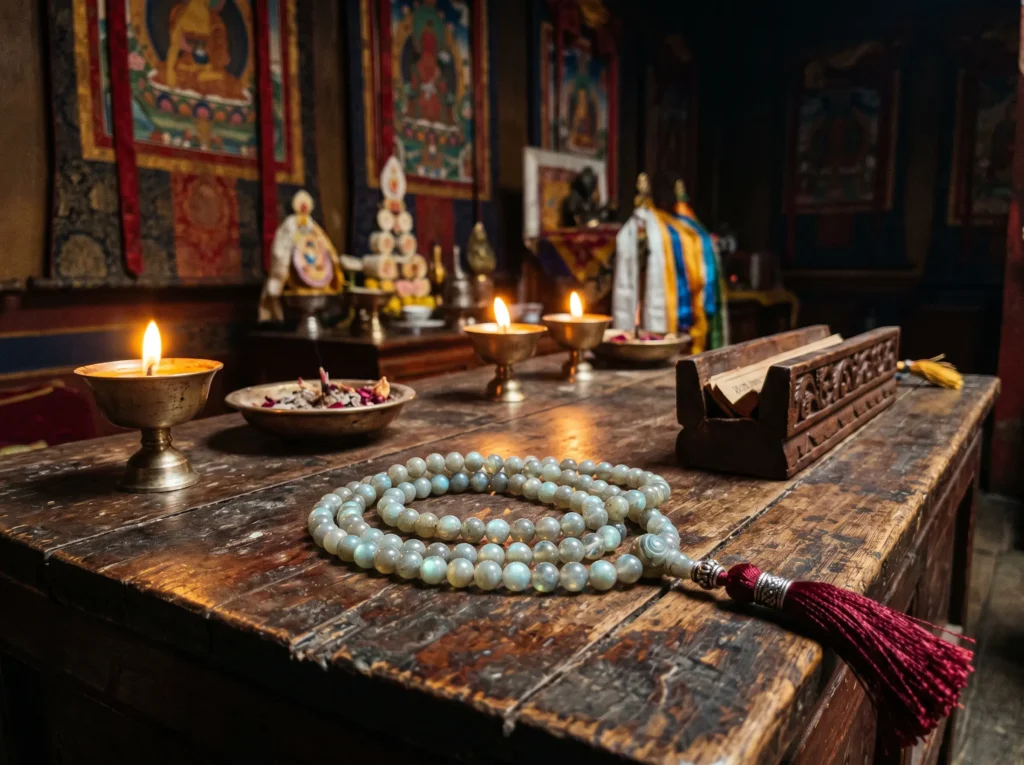 A 108-bead labradorite mala resting on a wooden altar inside a Tibetan monastery, surrounded by butter lamps and ceremonial offerings during a rab gnas consecration ceremony