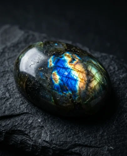 A polished labradorite crystal displaying vivid labradorescence — blue and gold spectral flash across a dark gray stone surface