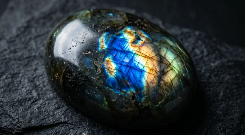A polished labradorite crystal displaying vivid labradorescence — blue and gold spectral flash across a dark gray stone surface