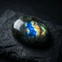 A polished labradorite crystal displaying vivid labradorescence — blue and gold spectral flash across a dark gray stone surface