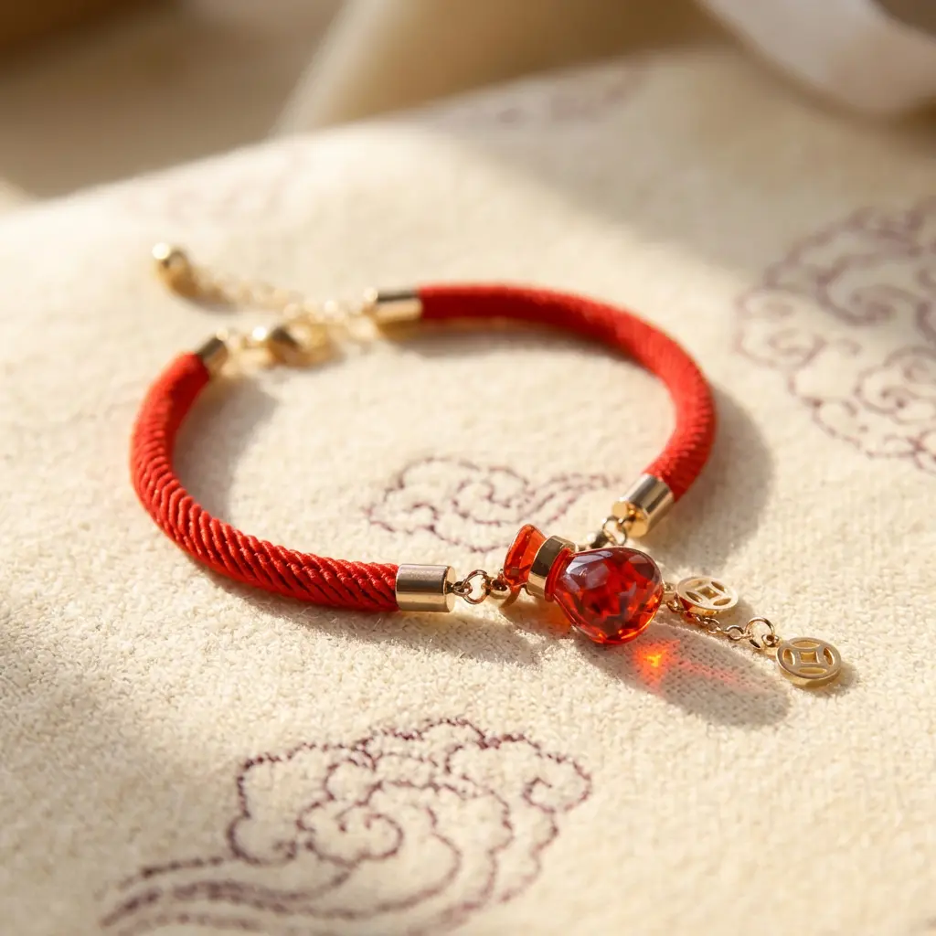 lucky-red-money-bag-bracelet-chinese-cloud-pattern-gold-charm Lucky red money bag bracelet with rose gold fu bag pendant and Chinese coin charms displayed on traditional cloud-embroidered fabric