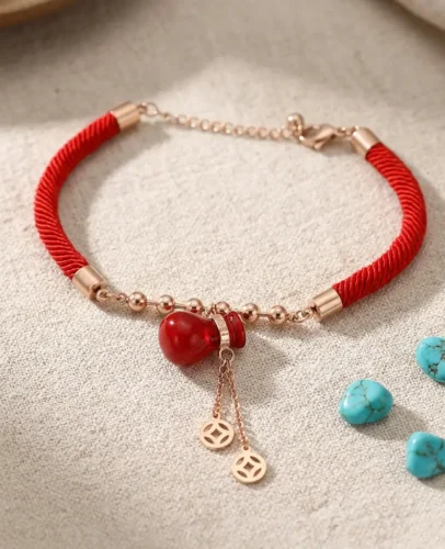 lucky-red-money-bag-bracelet-rose-gold-turquoise-feng-shui Red rope feng shui money bag bracelet with rose gold Chinese coin dangles, styled with turquoise stones — PotalaStore Tibetan wealth jewelry
