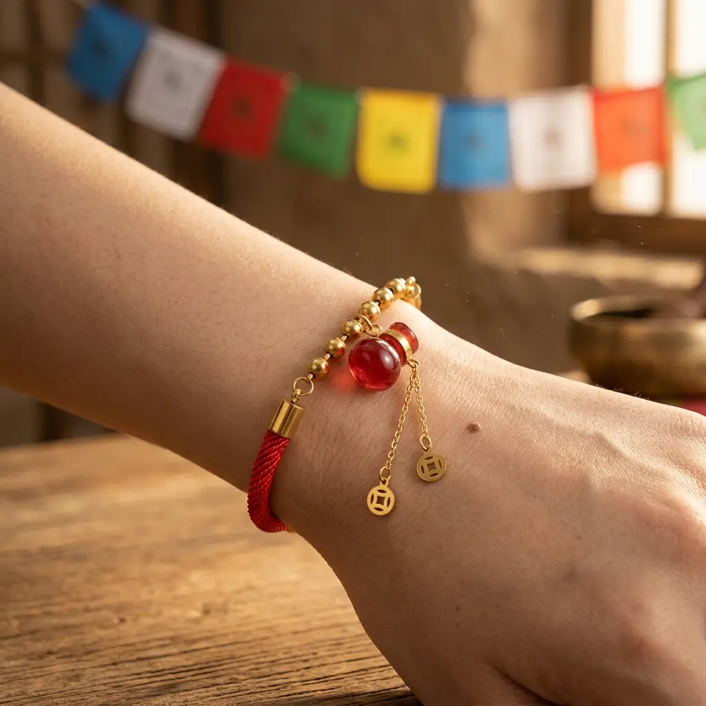 lucky-red-money-bag-bracelet-tibetan-prayer-flags-potalastore Lucky red money bag bracelet worn on wrist with Tibetan prayer flags and singing bowl in background — PotalaStore feng shui wealth charm