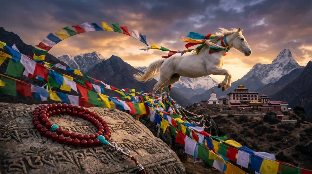 A white Tibetan Windhorse (Lung Ta) carrying prayer flags galloping across a sky of colored prayer flags, with a close-up of monastery-blessed red mala beads in the foreground, evoking the Tibetan Buddhist practice of Sera Jhe and Kopan monasteries