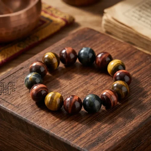 Multi-color tiger's eye protection bracelet with yellow, red and blue Hawk's Eye 10mm beads, displayed on a carved Tibetan wooden block beside a singing bowl and ancient scripture
