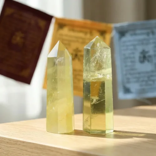 Two natural citrine money crystal towers standing on wooden surface with colorful Tibetan Lung Ta prayer flags in background, pale honey-yellow color showing genuine unheated quartz