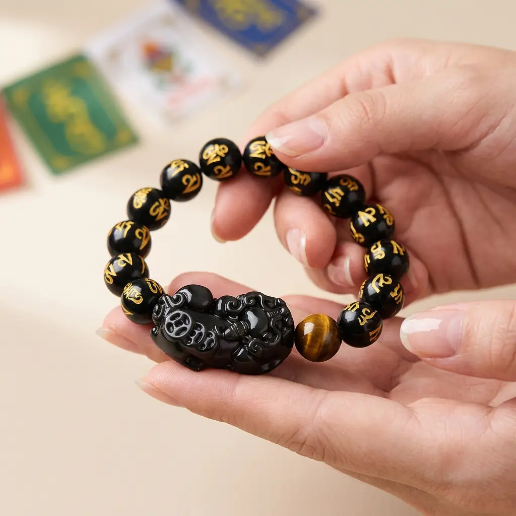 obsidian-pixiu-bracelet-held-in-hands-tibetan-blessing Two hands cupping an obsidian Pixiu mantra bracelet with Tibetan blessing cards in background, symbolizing sacred gifting