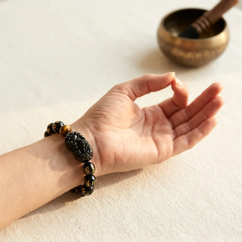 obsidian-pixiu-bracelet-meditation-tibetan-singing-bowl Wrist wearing obsidian Pixiu bracelet in meditation mudra pose with Tibetan singing bowl in background, spiritual setting