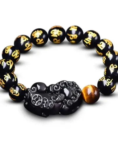 obsidian-pixiu-wealth-mantra-bracelet-front-view Black obsidian Pixiu wealth bracelet with gold Om Mani Padme Hum mantra engraving and tiger's eye bead, front view