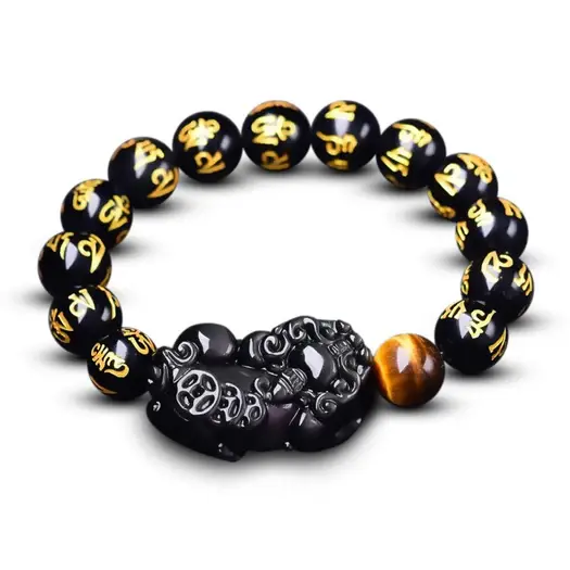 obsidian-pixiu-wealth-mantra-bracelet-front-view Black obsidian Pixiu wealth bracelet with gold Om Mani Padme Hum mantra engraving and tiger's eye bead, front view