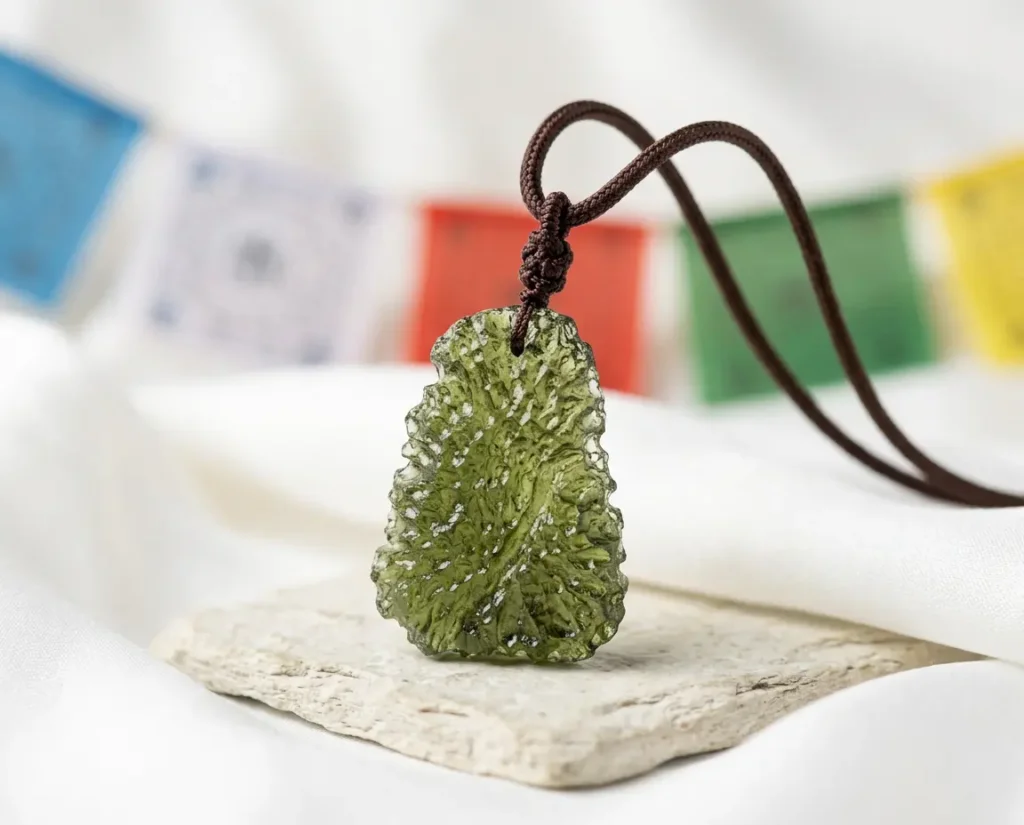 raw-moldavite-healing-pendant-tibetan-prayer-flags.webp Raw moldavite healing pendant on braided brown cord resting on stone, with colorful Tibetan prayer flags in background