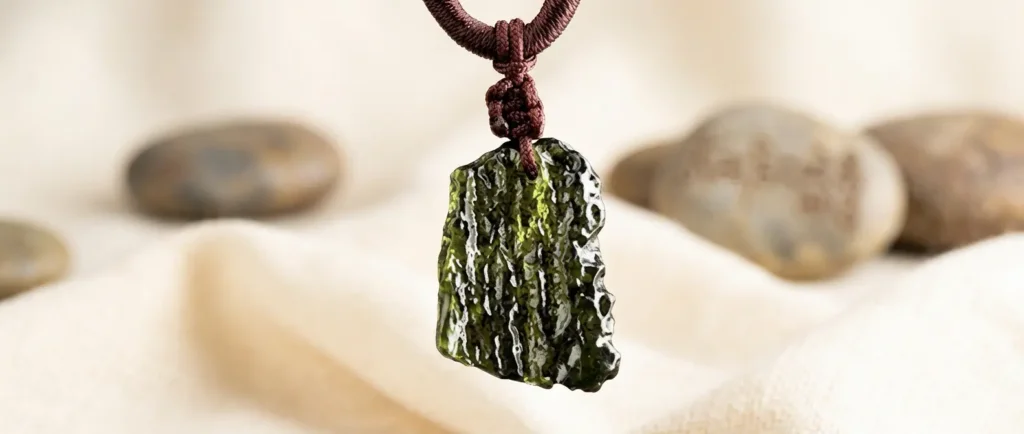 raw-moldavite-pendant-green-tektite-necklace Close-up of raw moldavite green tektite pendant hanging on dark red braided cord against soft beige zen stone background
