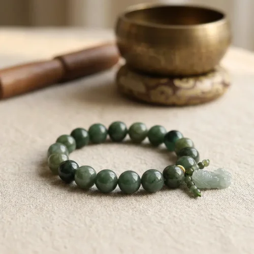 Spiritual green jade Pixiu protection bracelet laid on linen cloth next to a traditional Tibetan singing bowl for meditation and healing.