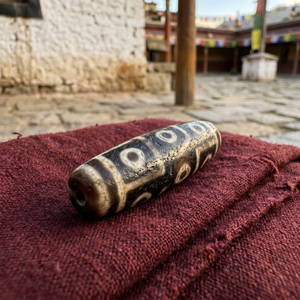 Authentic Tibetan dzi bead with eye motif pattern resting on a Buddhist monk's maroon robe, monastery courtyard in soft focus background