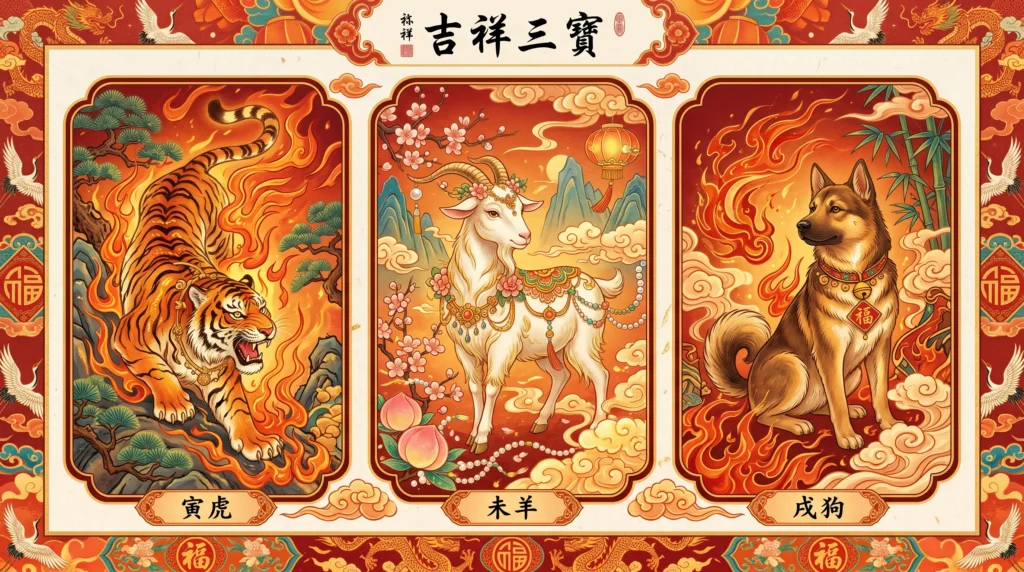 Three auspicious Chinese zodiac animals — Tiger, Goat, and Dog — depicted in warm golden and crimson tones with fire and floral motifs, representing the most favored signs in the 2026 Year of the Fire Horse