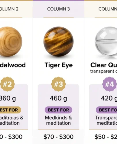 Comparison chart of 5 Tibetan mala bead types for meditation ranked by monks: bodhi seed, sandalwood, tiger eye, clear quartz, and yak bone with weight, best use, and price range