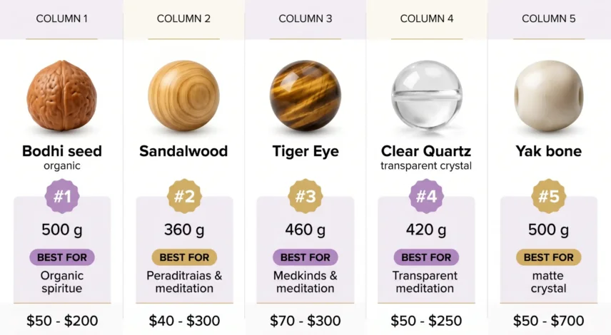 5 Types of Tibetan Mala Beads Comparison Chart Comparison chart of 5 Tibetan mala bead types for meditation ranked by monks: bodhi seed, sandalwood, tiger eye, clear quartz, and yak bone with weight, best use, and price range