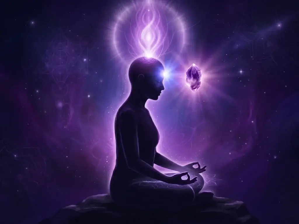 Illustration showing amethyst stone aligned with the crown chakra (Sahasrara) and third eye chakra (Ajna) during seated meditation, representing spiritual meaning and intuition