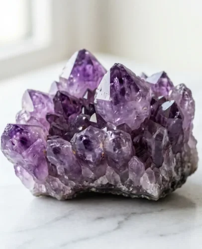 Amethyst Crystal Cluster Healing Stone Purple Quartz A deep purple amethyst crystal cluster with natural color zoning and vitreous luster, used as a healing stone for meditation and stress relief