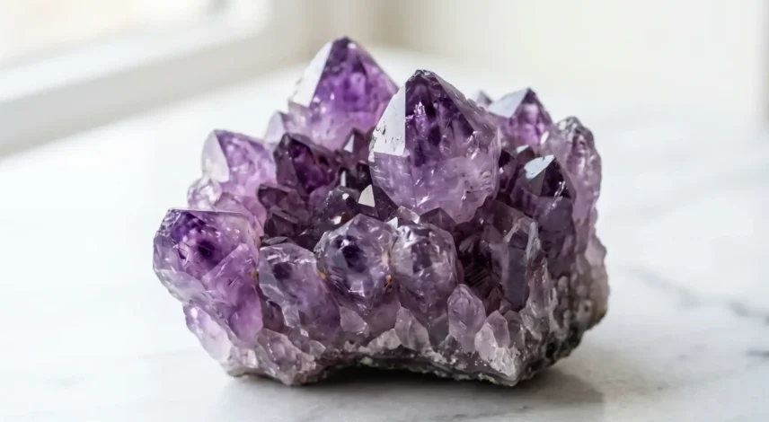 Amethyst Crystal Cluster Healing Stone Purple Quartz A deep purple amethyst crystal cluster with natural color zoning and vitreous luster, used as a healing stone for meditation and stress relief