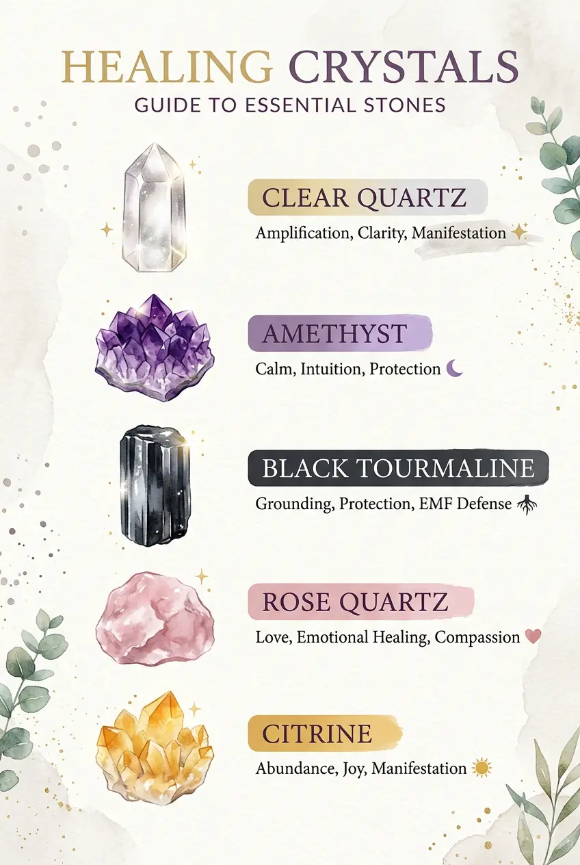 Crystal meanings chart for beginners showing intention, chakra and water safety for five stones
