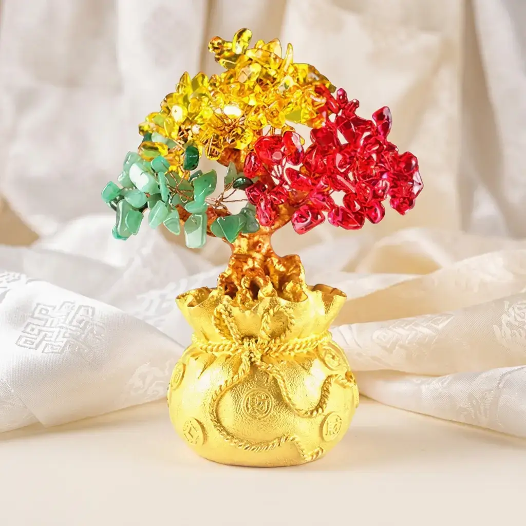 Chakra Money Tree Ornament on Auspicious White Silk Fabric – PotalaStore Gift Chakra Money Tree Ornament on Auspicious White Silk Fabric – PotalaStore Gift
