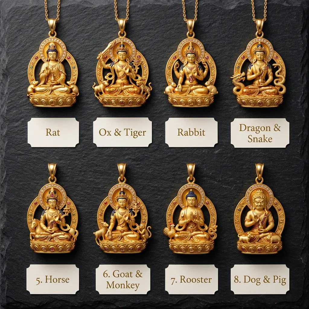 Collection of eight Tibetan Guardian Buddha pendants arranged by Chinese zodiac sign pairing, including Guanyin, Manjushri, Amitabha, and Vairocana
