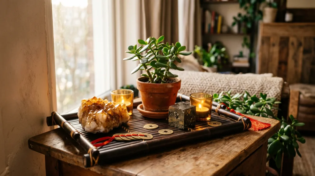 Citrine cluster and pyrite cube arranged together in a feng shui wealth corner with candles and money plant for abundance manifestation
