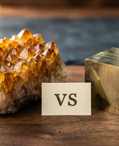 Citrine cluster and pyrite cube placed side by side on a wooden surface for wealth attraction comparison