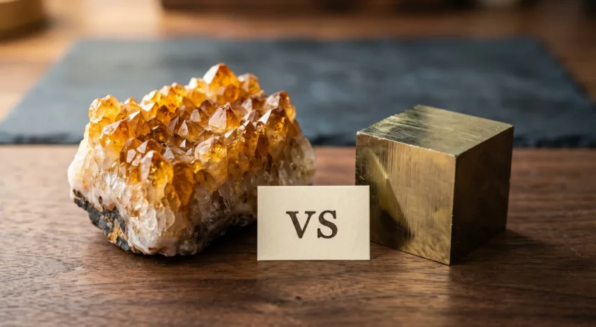 Citrine vs Pyrite Wealth Crystals Side by Side Comparison Citrine cluster and pyrite cube placed side by side on a wooden surface for wealth attraction comparison