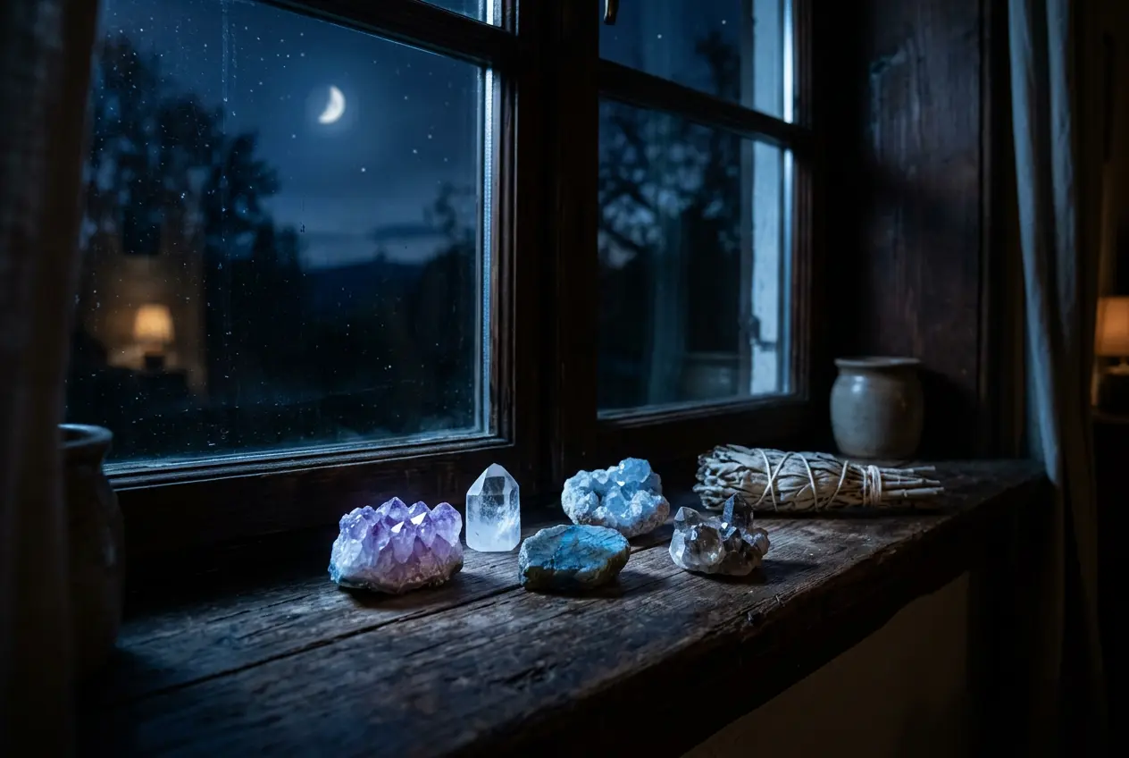Healing crystals resting on a windowsill in moonlight, a safe water-free cleansing method for beginners