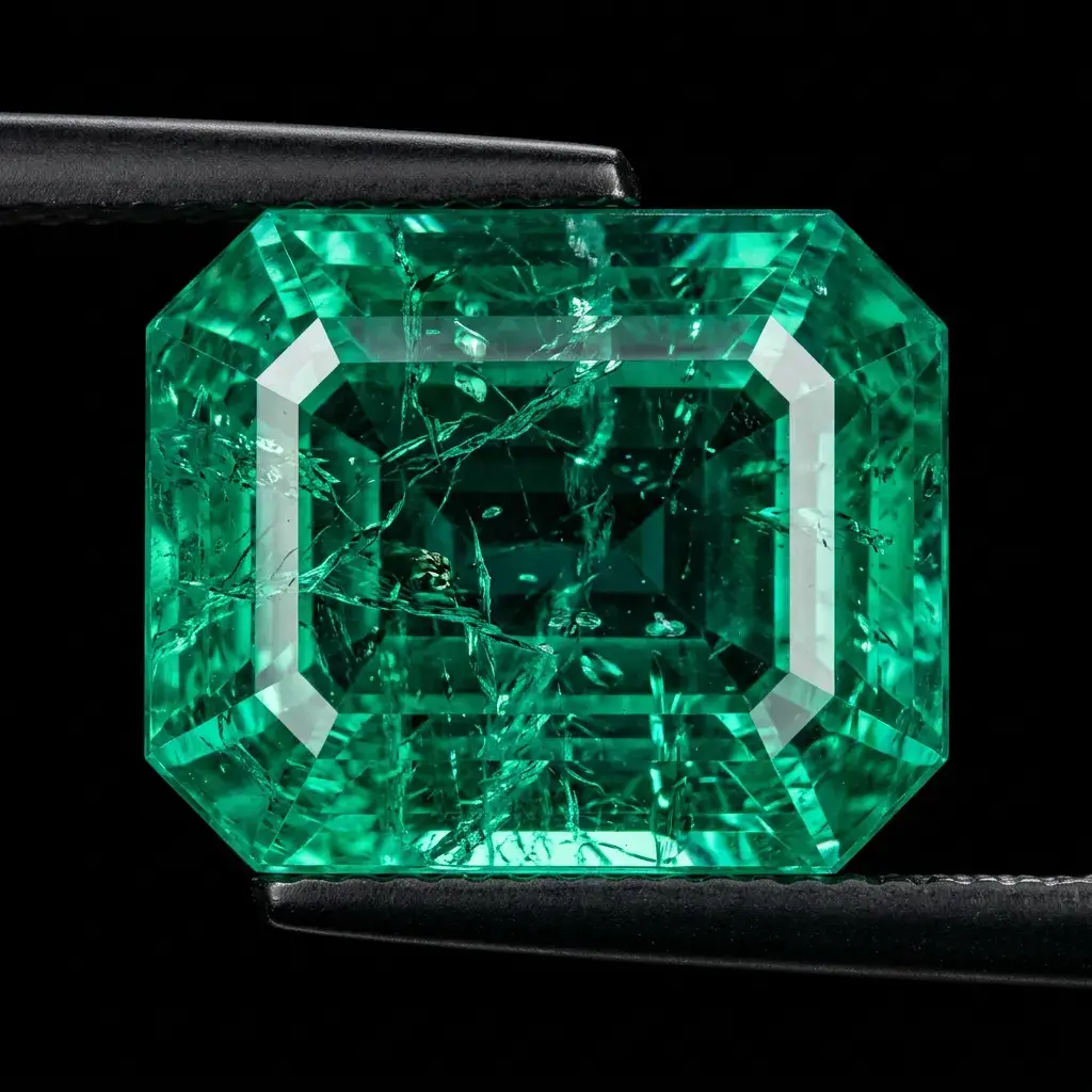 Extreme macro photography of a natural Colombian emerald gemstone showing characteristic jardin inclusions — internal fractures and mineral traces that prove natural origin, deep green color with slight blue undertone, ultra-sharp gemological detail
