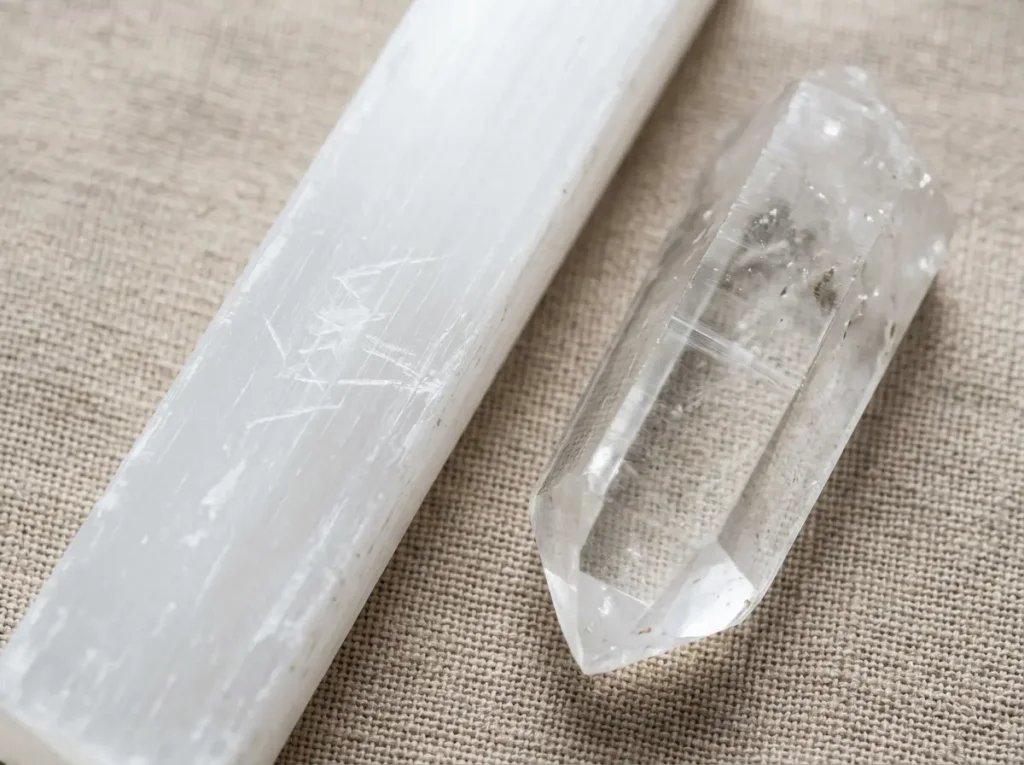 Close-up of a white selenite crystal with visible scratch marks beside a clear quartz point, demonstrating Mohs hardness incompatibility in crystal storage
