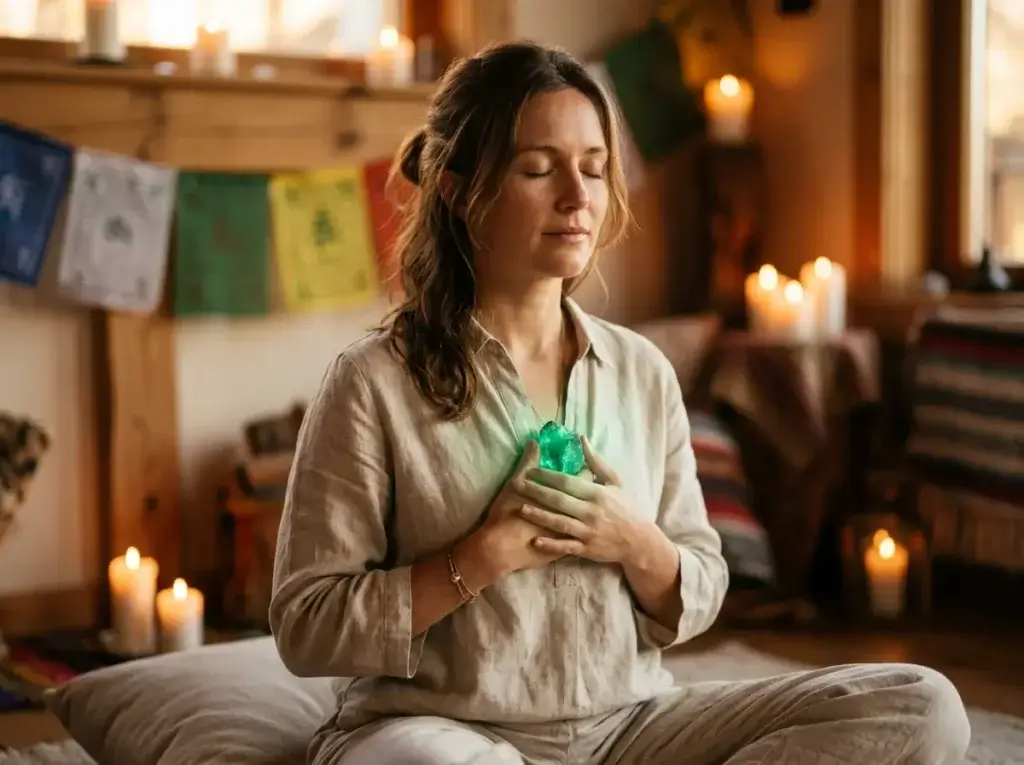 Woman holding a deep green emerald pendant over her heart chakra (Anahata) during meditation, soft green light radiating from the stone, serene contemplative setting with soft natural light — heart chakra crystal healing practice