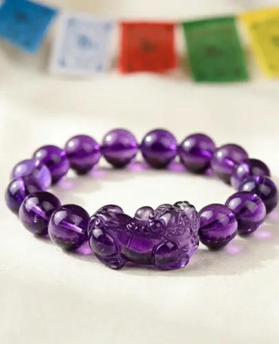 Feng Shui Amethyst Pixiu Wealth Bracelet with Tibetan Prayer Flags – PotalaStore
