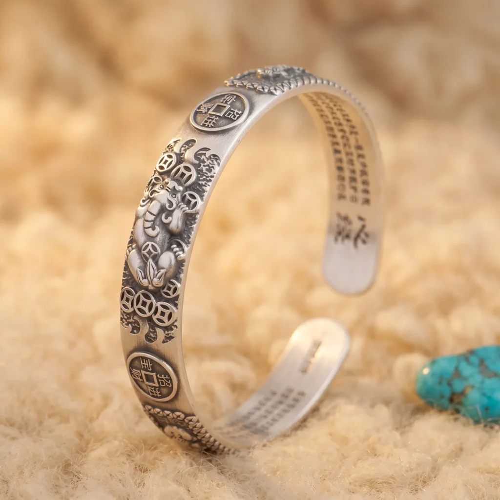 Bracciale rigido portafortuna Pixiu Fortune in argento 999 con incisione Pixiu — Decorato con turchese tibetano Bracciale rigido aperto Fortune Pixiu Lucky, poggiato su una superficie testurizzata accanto a una pietra turchese, che mostra la bestia Pixiu, monete portafortuna e un'iscrizione interna del Sutra del Cuore.