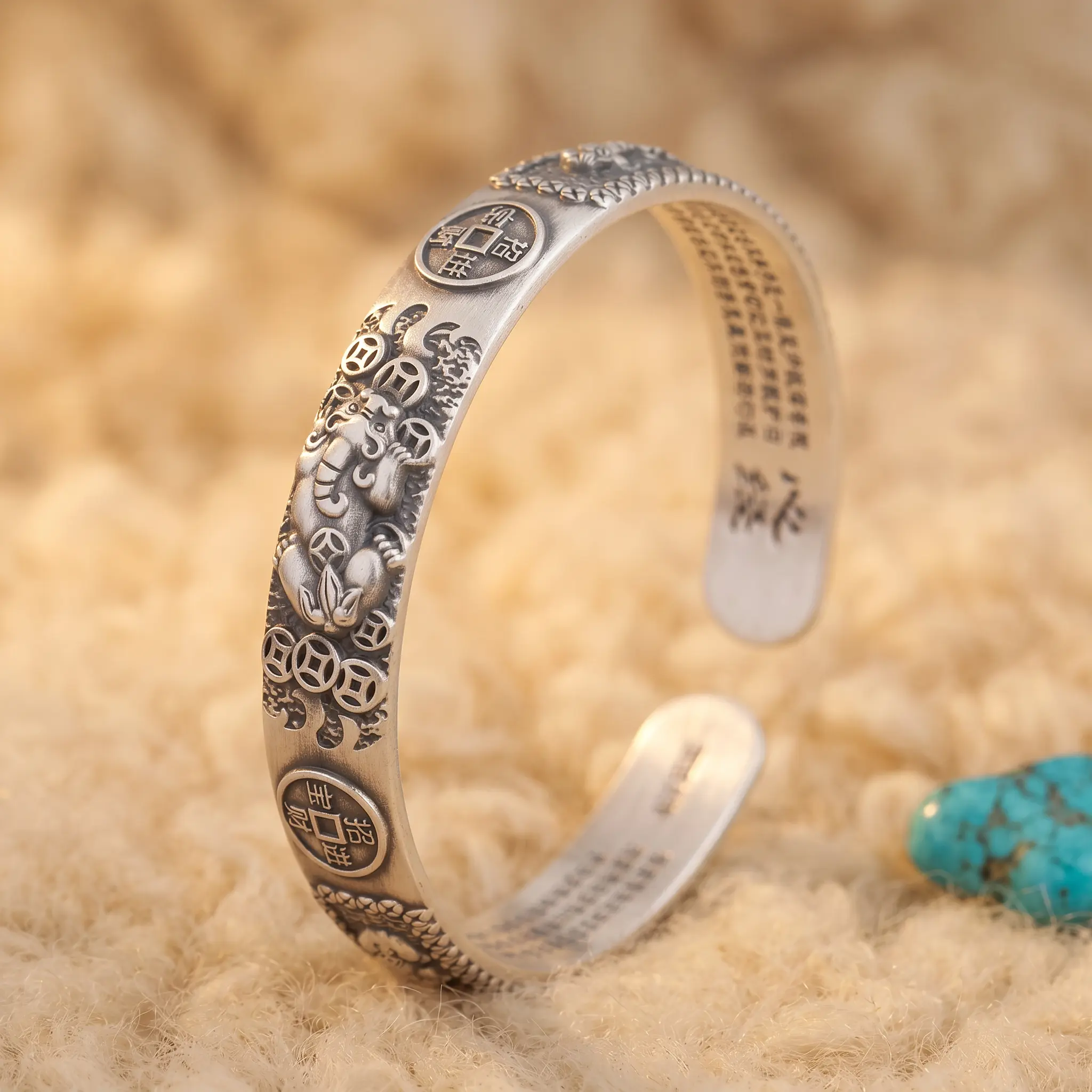 Fortune Pixiu Lucky Bangle 999 Silver Cuff with Pixiu Engraving — Styled with Tibetan Turquoise Fortune Pixiu Lucky Bangle open-cuff bangle resting on textured surface beside a turquoise stone, showing the Pixiu beast, lucky coins, and Heart Sutra inner inscription