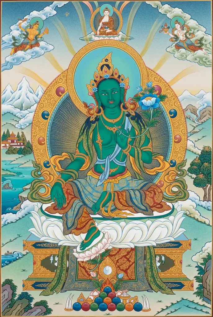 Traditional Tibetan thangka-style illustration of Green Tara deity seated on lotus throne, surrounded by golden light, representing Buddhist protection