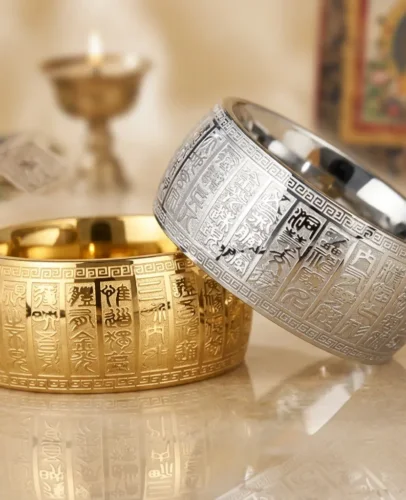 Heart Sutra stainless steel rings in gold and silver tones side by side, with Tibetan thangka painting and butter lamp in background