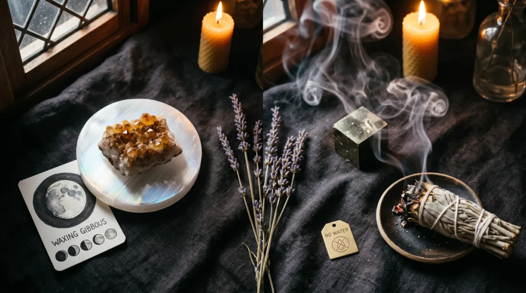 Citrine crystal being charged under moonlight next to pyrite cube with sage smoke for cleansing, showing safe care methods