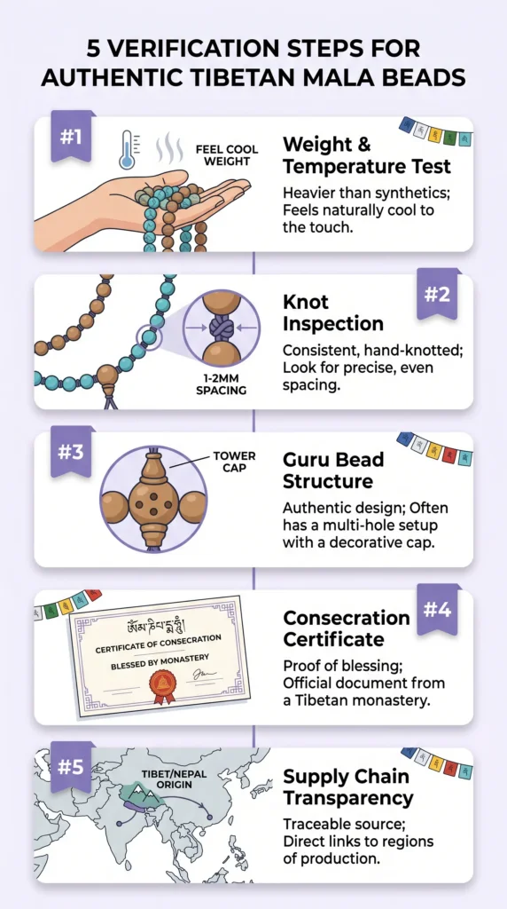 Five-step verification checklist for authentic Tibetan mala beads: weight test, knot inspection, guru bead structure check, consecration certificate, and supply chain transparency
