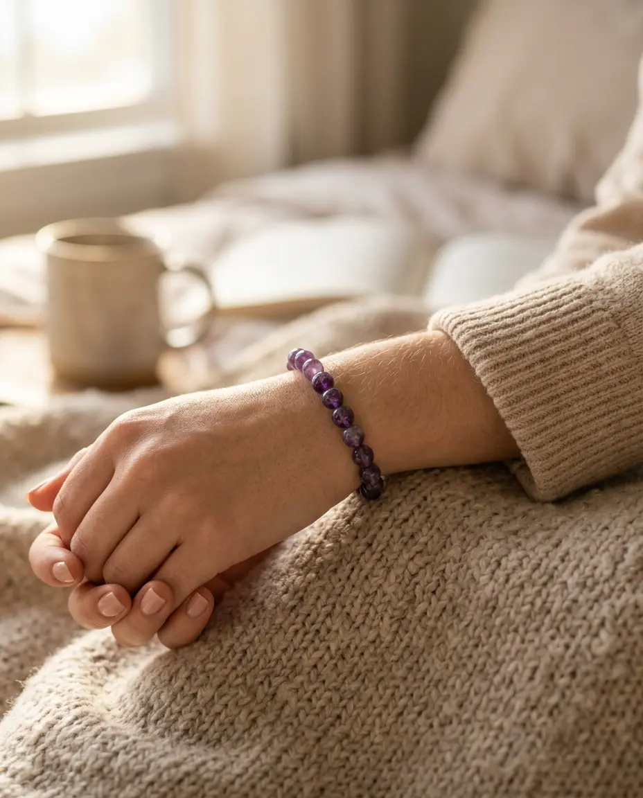 Woman wearing a beaded crystal bracelet on her left wrist to receive calming energy