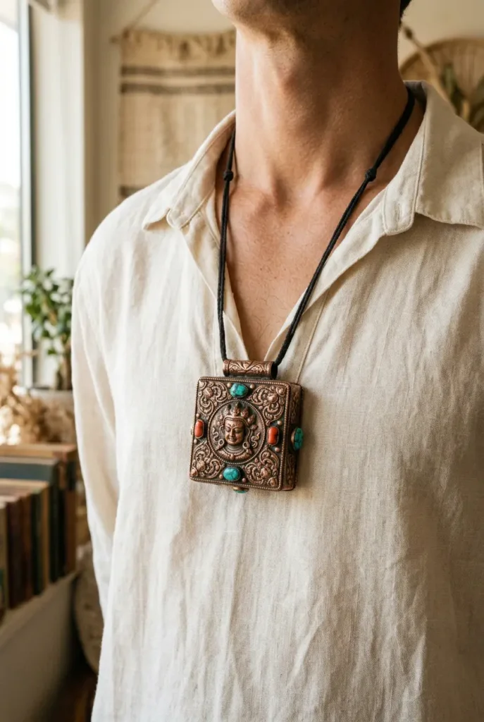 Person wearing a Tibetan copper gau box pendant at chest height over a simple white linen shirt, showing correct heart-center placement for Buddhist amulets