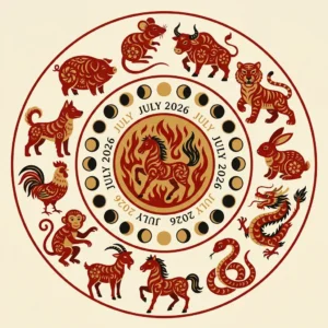 Illustration of all 12 Chinese zodiac animals arranged in a circle with July 2026 and lunar calendar imagery