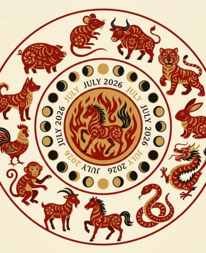 Illustration of all 12 Chinese zodiac animals arranged in a circle with July 2026 and lunar calendar imagery